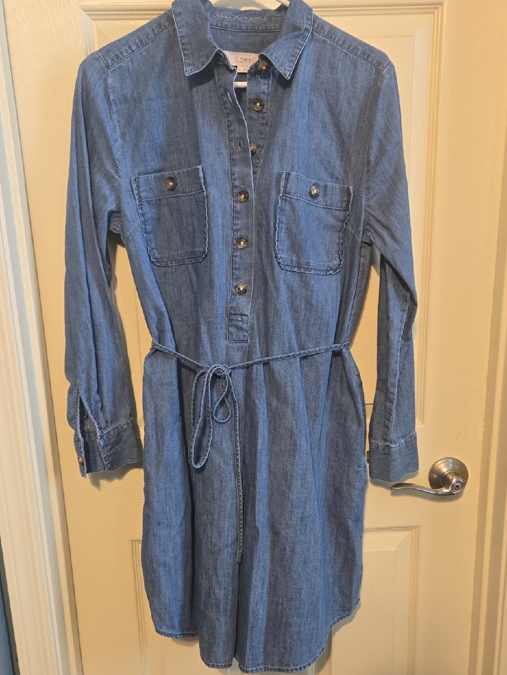 LOFT Blue Chambray Long-Sleeve Shirt Dress with Tie Waist